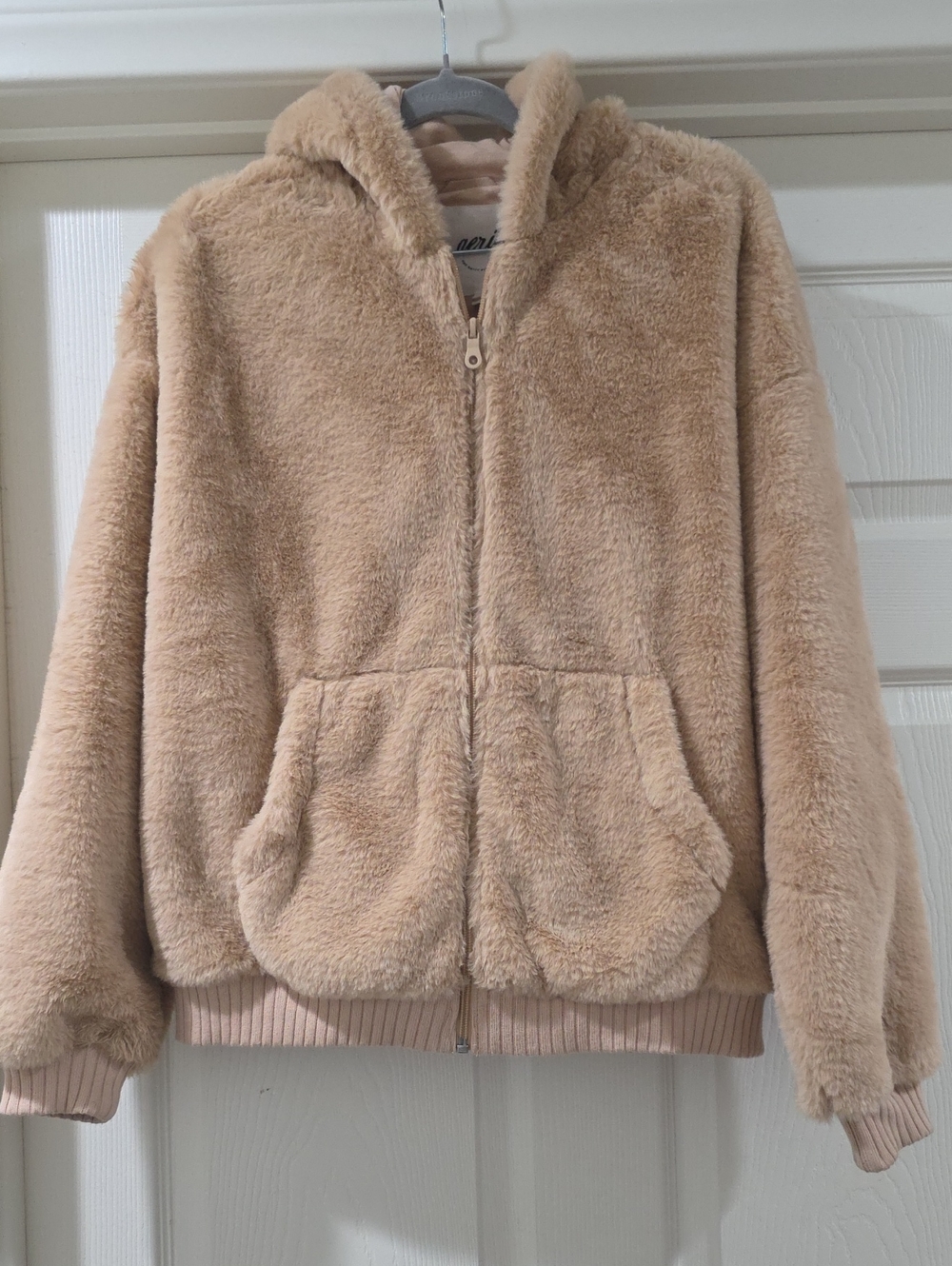 aerie Cozy Plush Teddy Zip-Up Hoodie in Light Beige - Size Small